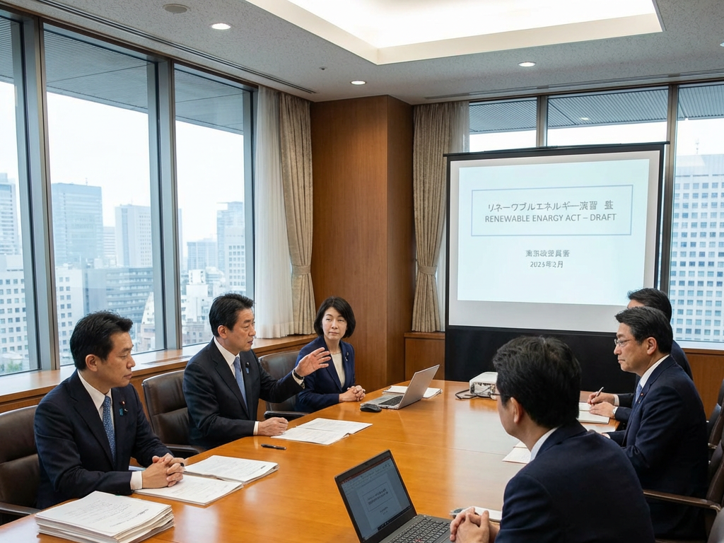 Officials discuss the 'RENEWABLE ENARGY ACT - DRAFT' shown on a screen in a meeting.